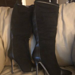 Black Suede And Leather Trim Knee Boots